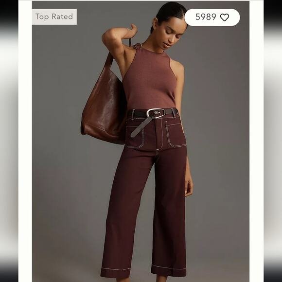 Anthropologie The Colette Merrick White Contrast-Stitch Cropped Wide-Leg Pants - Picture 1 of 4